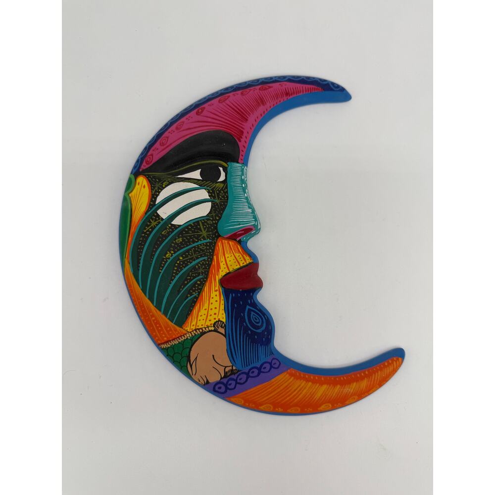 Hand-Painted Crescent Moon Wall Hanging – Vibrant Talavera Style Face – 7”